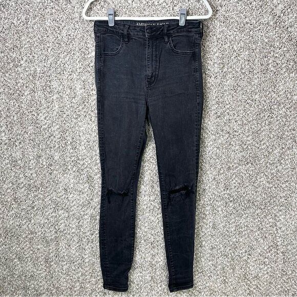 American Eagle Jeans Women’s 8L Stretch Black Super Hi-Rise Distressed Jeggings - Picture 1 of 8